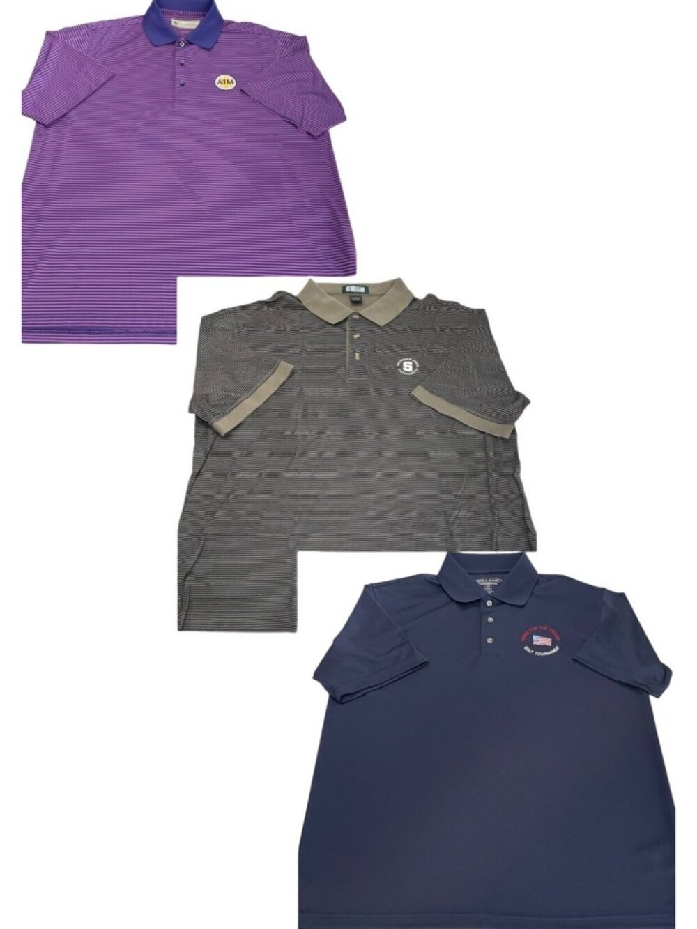 3 Donald Ross Pebble Beach MSU Polo Shirts Lot Men L Purple Blue Tan Performance